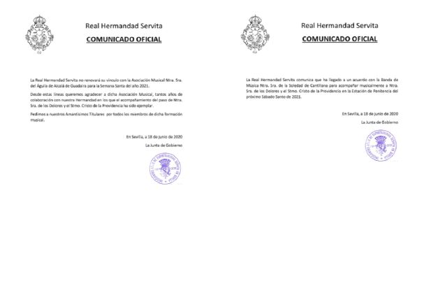 Comunicados oficiales emitidos por la Hermandad de Los Servitas Comunicados oficiales emitidos por la Hermandad de Los Servitas