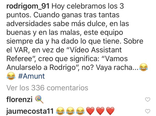 Mensaje Rodrigo sobre el VAR en Instagram. Mensaje Rodrigo sobre el VAR en Instagram.