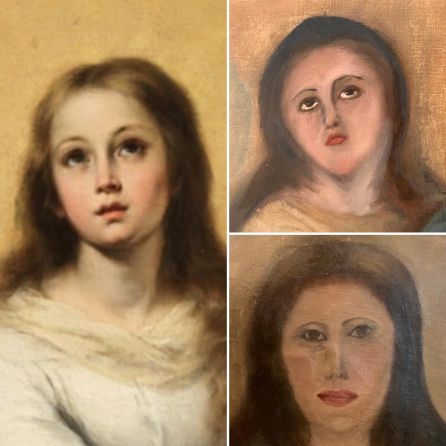 Imagen de la copia de una de las famosas Inmaculadas de Murillo del coleccionista valenciano antes de la intervención (i), y el resultado tras las intervenciones inadecuadas por parte de un restaurador de muebles (d). Imagen de la copia de una de las famosas Inmaculadas de Murillo del coleccionista valenciano antes de la intervención (i), y el resultado tras las intervenciones inadecuadas por parte de un restaurador de muebles (d).
