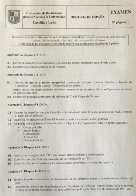 Imagen del examen de Historia de España. Imagen del examen de Historia de España.