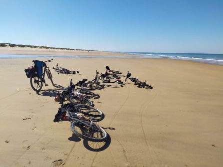 Las bicicletas de Plastic Free Tour descansan a orillas de la playa. Las bicicletas de Plastic Free Tour descansan a orillas de la playa.