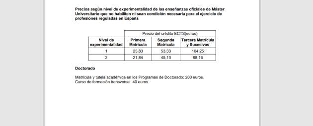 Tasas fijadas para el curso próximo Tasas fijadas para el curso próximo