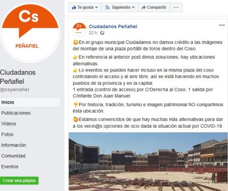 Esta es la publicación en la que Ciudadanos critica la instalación de la plaza portatil en la Plaza del Coso. Esta es la publicación en la que Ciudadanos critica la instalación de la plaza portatil en la Plaza del Coso.