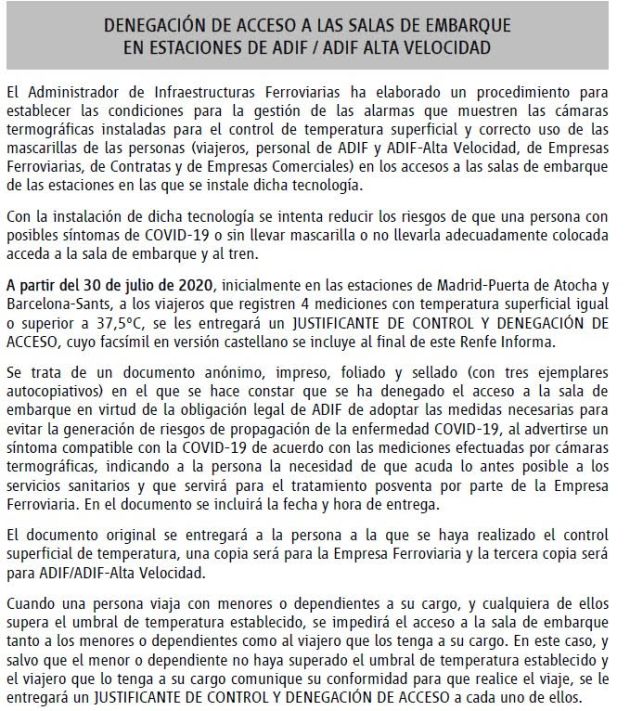 Els passatgers amb més de 37'5 graus no poden pujar a l'AVE Els passatgers amb més de 37'5 graus no poden pujar a l'AVE