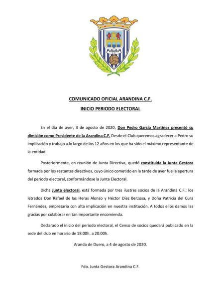 El comunicado con el cese del presidente, Pedro García. El comunicado con el cese del presidente, Pedro García.