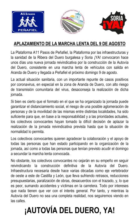 Este es el comunicado de las plataformas convocantes anunciando el aplazamiento de la cita reivindicativa. Este es el comunicado de las plataformas convocantes anunciando el aplazamiento de la cita reivindicativa.