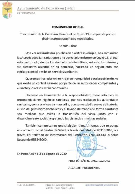 Comunicado del Ayuntamiento de Pozo Alcón Comunicado del Ayuntamiento de Pozo Alcón