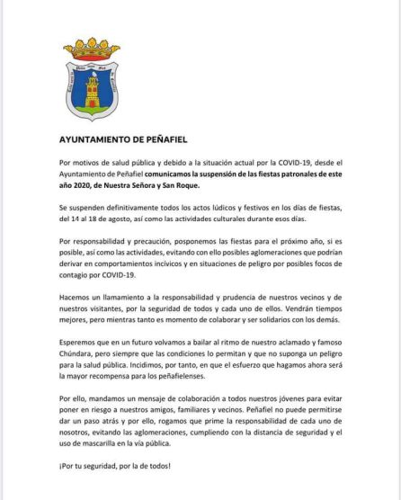 Este es el comunicado emitido por el Ayuntamiento acerca de la suspensión de cualquier tipo de acto programado para San Roque. Este es el comunicado emitido por el Ayuntamiento acerca de la suspensión de cualquier tipo de acto programado para San Roque.