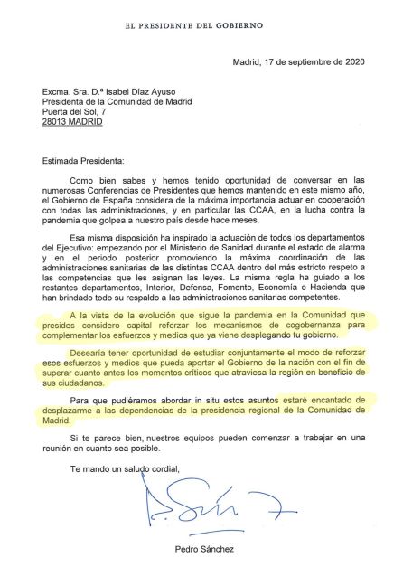Carta enviada por Sánchez a Ayuso. Carta enviada por Sánchez a Ayuso.