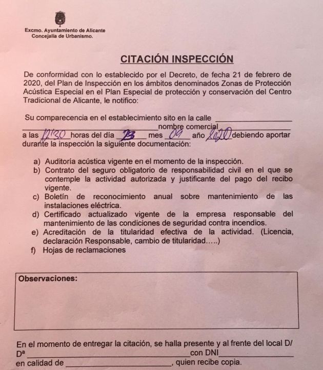 Citación de Inspección a locales de ocio y restauración de Alicante para que presenten la documentación relativa al cumplimiento de la ZAS Citación de Inspección a locales de ocio y restauración de Alicante para que presenten la documentación relativa al cumplimiento de la ZAS
