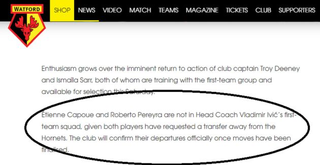 Noticia en la web del Watford sobre Capoué. Noticia en la web del Watford sobre Capoué.
