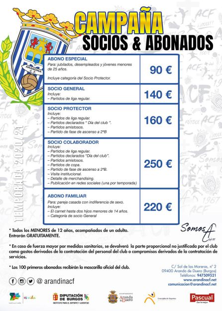 La tabla de precios de los socios y abonados de la Arandina para la temporada 2020-2021. La tabla de precios de los socios y abonados de la Arandina para la temporada 2020-2021.