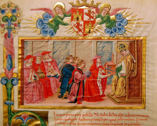 Gil de Albornoz entregando simbólicamente al papa San Clemente I la capilla del Colegio de España, dedicada a dicho santo. Gil de Albornoz entregando simbólicamente al papa San Clemente I la capilla del Colegio de España, dedicada a dicho santo.