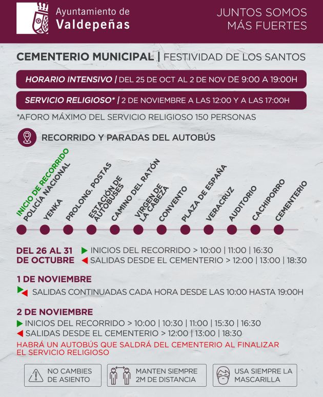 Horarios y paradas del servicio de autobuses para el día de todos los santos en Valdepeñas (Ciudad Real) Horarios y paradas del servicio de autobuses para el día de todos los santos en Valdepeñas (Ciudad Real)