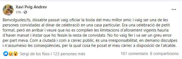 Escrit del regidor a les xarxes socials. Escrit del regidor a les xarxes socials.