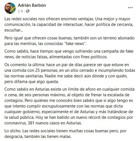 El desmentido de Adrián Barbón. El desmentido de Adrián Barbón.