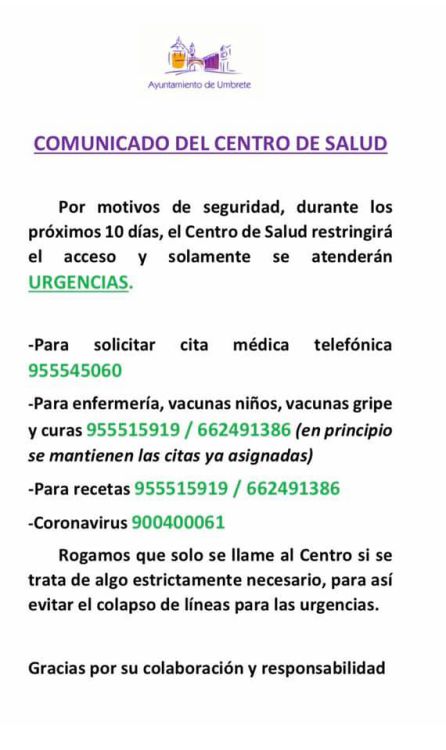 Comunicado del centro de Salud de Umbrete con entradas restringidas Comunicado del centro de Salud de Umbrete con entradas restringidas