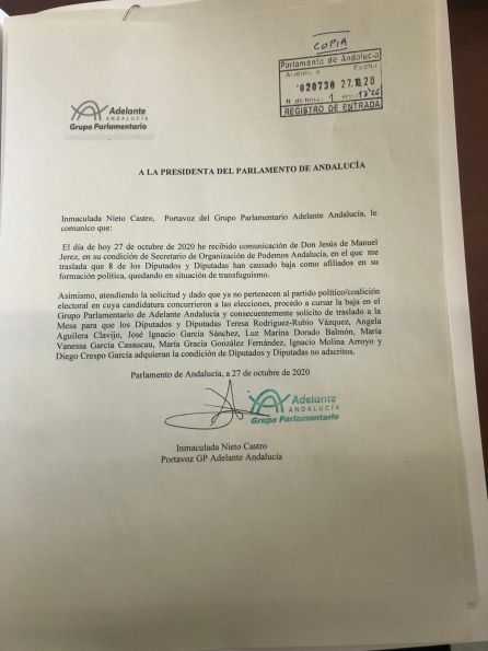Escrito de la portavoz de Adelante Andalucía, Inmaculada Nieto, solicitando a la Mesa del Parlamento que declare diputados no adscritos a Teresa Rodríguez y siete diputados más del grupo Escrito de la portavoz de Adelante Andalucía, Inmaculada Nieto, solicitando a la Mesa del Parlamento que declare diputados no adscritos a Teresa Rodríguez y siete diputados más del grupo