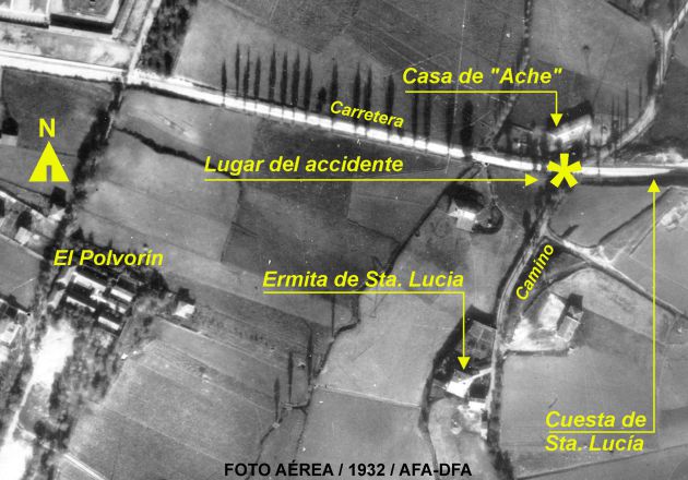 Foto aérea del lugar del accidente. 1932. Foto aérea del lugar del accidente. 1932.