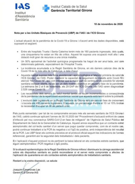 Circular dirigida a les Unitats Bàsiques de Prevenció de l'ICS Girona i l'IAS Circular dirigida a les Unitats Bàsiques de Prevenció de l'ICS Girona i l'IAS