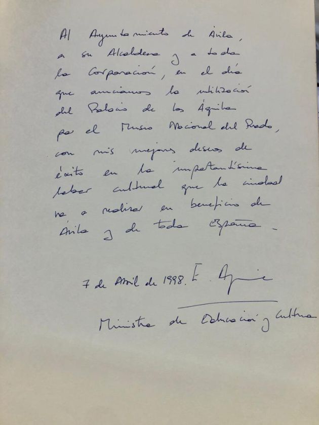 Mensaje de la ex ministra de Educación y Cultura, Esperanza Aguirre, sobre el proyecto del Palacio de los Águila en 1998 Mensaje de la ex ministra de Educación y Cultura, Esperanza Aguirre, sobre el proyecto del Palacio de los Águila en 1998
