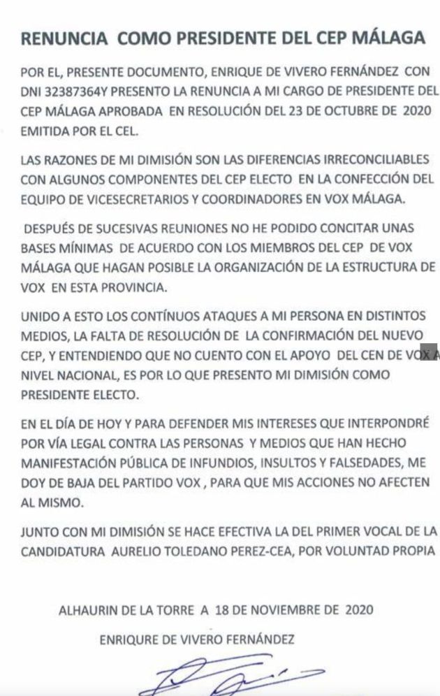 Carta de dimisión de Enrique de Vivero Carta de dimisión de Enrique de Vivero