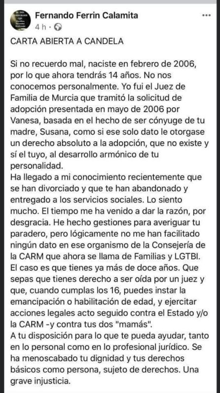 Pantallazo del post publicado por el propio magistrado Ferrín Calamita en su perfil en la red social Facebokk y que horas después fue eliminado Pantallazo del post publicado por el propio magistrado Ferrín Calamita en su perfil en la red social Facebokk y que horas después fue eliminado