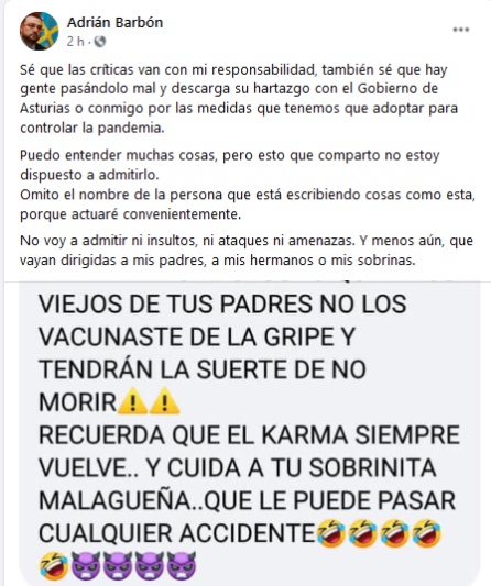 Publicación de Adrián Barbón en Facebook. Publicación de Adrián Barbón en Facebook.