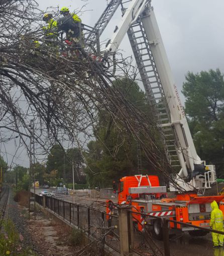 Los Bomberos del consorcio provincial de Valencia trabajan en retirar un árbol de las vías de la L2 de Metrovalencia. Los Bomberos del consorcio provincial de Valencia trabajan en retirar un árbol de las vías de la L2 de Metrovalencia.