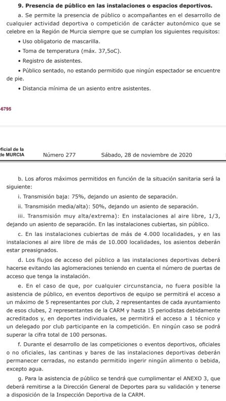 Epígrafe del BORM sobre la asistencia de público en recintos deportivos Epígrafe del BORM sobre la asistencia de público en recintos deportivos