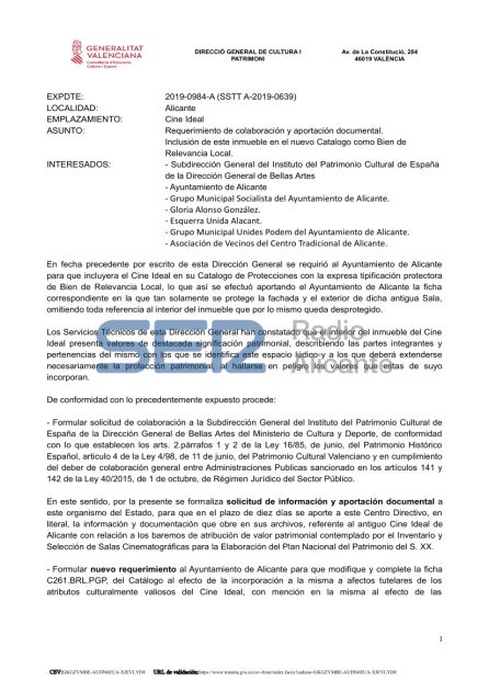 Parte del informe de la Generalitat sobre el Cine Ideal al que ha tenido acceso Radio Alicante Parte del informe de la Generalitat sobre el Cine Ideal al que ha tenido acceso Radio Alicante