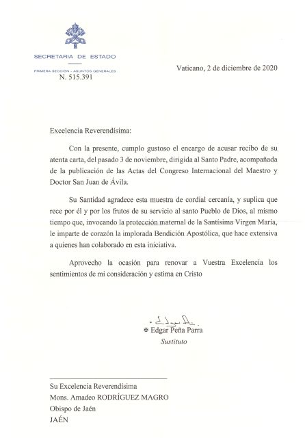 Misiva de la Secretaría de Estado del Vaticano al Obipo de Jaén, don Amadeo Rodríguez Magro Misiva de la Secretaría de Estado del Vaticano al Obipo de Jaén, don Amadeo Rodríguez Magro