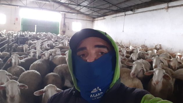 Jose Luis, ganadero de Carrión de Calatrava, junto a su rebaño de 600 ovejas, a cubierto, en el establo, para protegerlas del temporal Jose Luis, ganadero de Carrión de Calatrava, junto a su rebaño de 600 ovejas, a cubierto, en el establo, para protegerlas del temporal