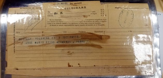 Telegrama confirmando la muerte de Joselito Telegrama confirmando la muerte de Joselito