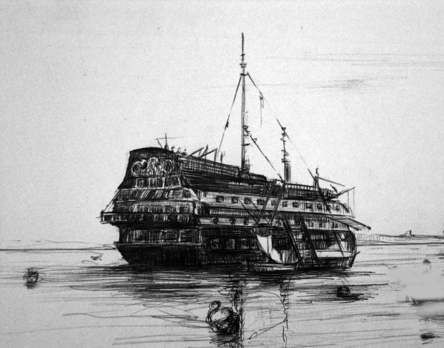 Dibujo de un pontón fondeado Dibujo de un pontón fondeado