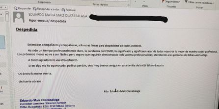 Comunicado en el que el director gerente de Basurto se despide de los trabajadores del hospital Comunicado en el que el director gerente de Basurto se despide de los trabajadores del hospital