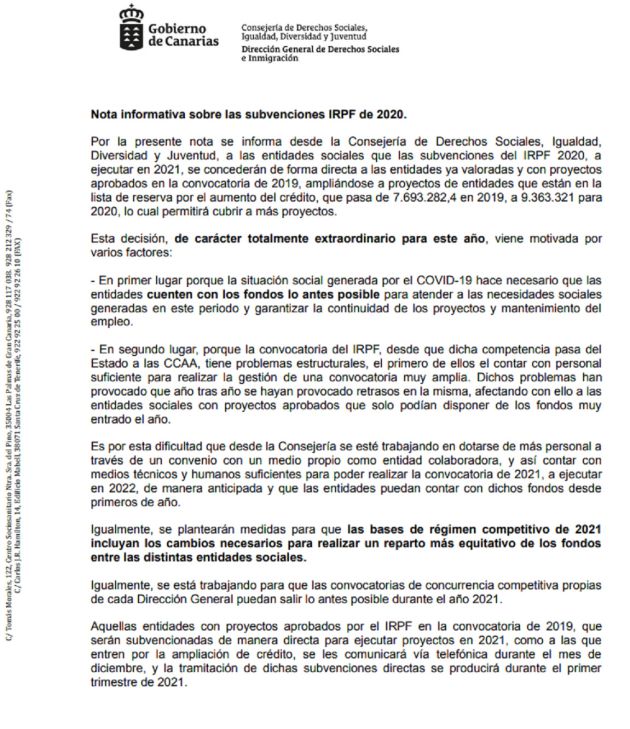 La nota informativa enviada por la Consejería de Derechos Sociales a las entidades La nota informativa enviada por la Consejería de Derechos Sociales a las entidades