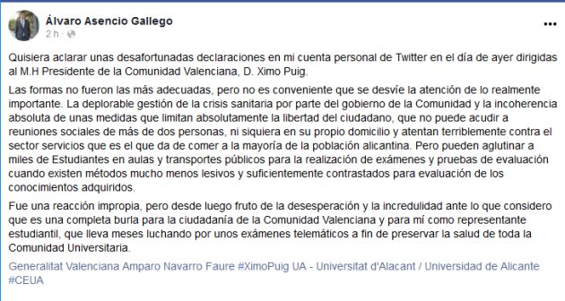 Publicación de Álvaro Asencio en su perfil de Facebook Publicación de Álvaro Asencio en su perfil de Facebook