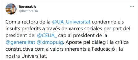 Publicación de la rectora Amparo Navarro en Twitter Publicación de la rectora Amparo Navarro en Twitter