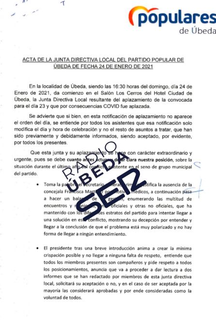Acta de la Junta Directiva del PP de Úbeda celebrada este domingo Acta de la Junta Directiva del PP de Úbeda celebrada este domingo