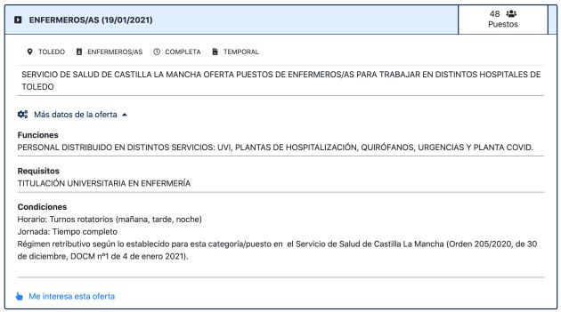 Detalles de la oferta de empleo en la provincia de Toledo Detalles de la oferta de empleo en la provincia de Toledo