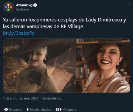 Tuit que refleja uno de los primeros cosplays de Resident Evil Village Tuit que refleja uno de los primeros cosplays de Resident Evil Village
