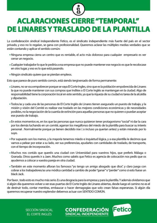 Comunicado del sindicato FETICO. Comunicado del sindicato FETICO.