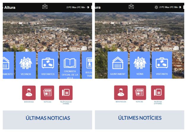 Pantallazo de la web del Ayuntamiento de Altura donde se aprecia la falta elementos en la versión valenciana (a la derecha) Pantallazo de la web del Ayuntamiento de Altura donde se aprecia la falta elementos en la versión valenciana (a la derecha)