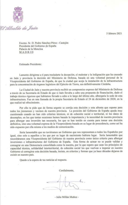 La carta del alcalde de Jaén a Pedro Sánchez La carta del alcalde de Jaén a Pedro Sánchez