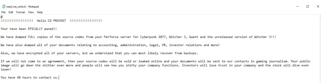Captura de pantalla del mensaje enviado por los hackers a CD Projekt RED Captura de pantalla del mensaje enviado por los hackers a CD Projekt RED