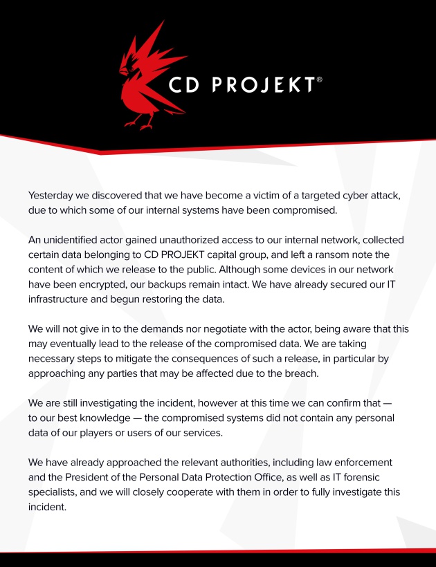 Comunicado emitido por la compañía CD Projekt RED Comunicado emitido por la compañía CD Projekt RED