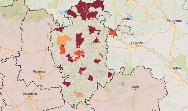Situación de riesgo en la provincia de Burgos, mapa coloreado Situación de riesgo en la provincia de Burgos, mapa coloreado