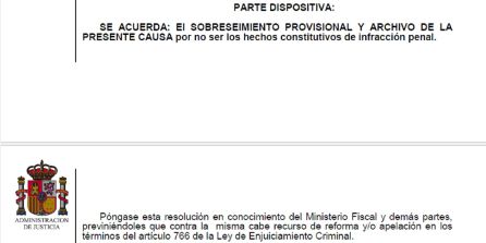 Fragmento del auto del juzgado de primera instancia e instrucción nº3 Fragmento del auto del juzgado de primera instancia e instrucción nº3