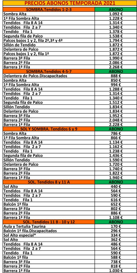 Precios de los abonos para la temporada taurina 2021 Precios de los abonos para la temporada taurina 2021